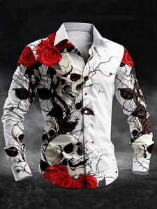 Detail of gothic skull and red rose patterns on a white long sleeve men's shirt