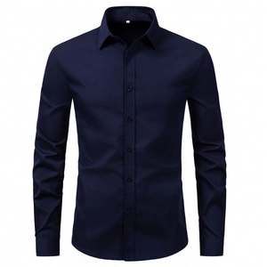 Slim-fit dark blue men's business dress shirt with long sleeves on white background
