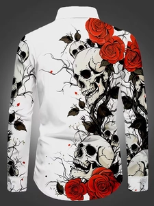 Back view of men's long sleeve shirt featuring skull and red rose gothic graphic print