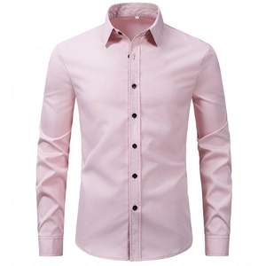 Classic light pink men's long sleeve business dress shirt with black button contrast