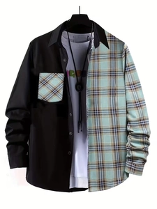Detail shot of men's casual shirt featuring asymmetric black and teal plaid patchwork