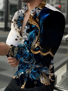 Detail of slim fit men's shirt with blue and gold fluid abstract art pattern and white buttons