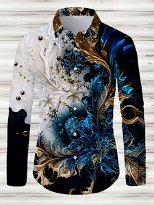 Detailed flat lay of men's long sleeve shirt with 3D abstract floral patterns on wood
