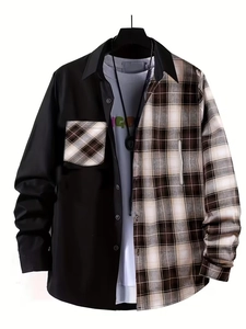 Close-up of a men's long-sleeve shirt with asymmetrical black and grey plaid patchwork