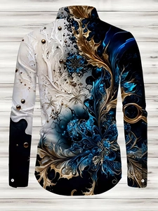 Detail of slim-fit men's long sleeve shirt with blue and gold floral digital print