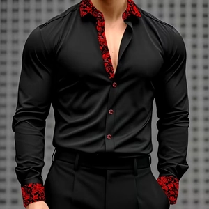 Detail of men's slim fit black satin shirt featuring red paisley pattern on cuffs and collar