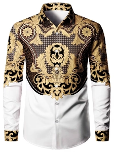 Close-up of golden baroque floral patterns and black grid texture on men shirt