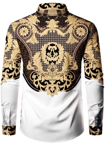 Detailed back view of men's baroque long sleeve shirt with golden floral patterns