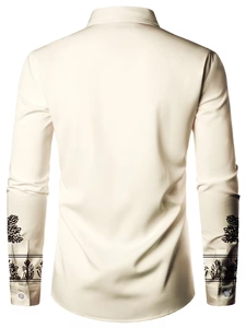 Back view of men's long sleeve beige shirt with black floral print on cuffs