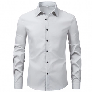Ghost mannequin view of white business shirt with contrast black buttons and classic collar