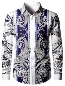 Detailed view of men's white shirt with dark blue paisley print and button cuffs