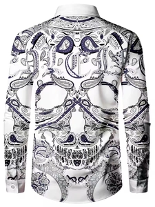 Detailed back view of men's long sleeve shirt featuring a paisley skull graphic print