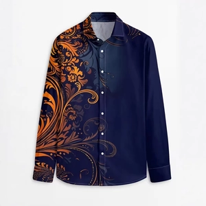 Men's navy blue long sleeve shirt featuring orange vintage baroque print and button-up front