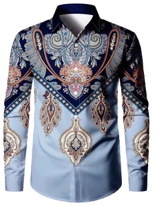 Detail view of men's long sleeve shirt with blue paisley floral print and white buttons