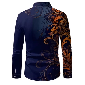 Men's dark blue long sleeve shirt featuring a golden baroque floral print on the back view
