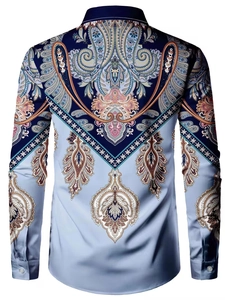 Detailed back view of men's long sleeve shirt with blue paisley and mandala digital print
