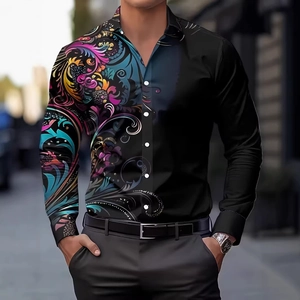 Men's slim long sleeve shirt with baroque floral patchwork and solid black design