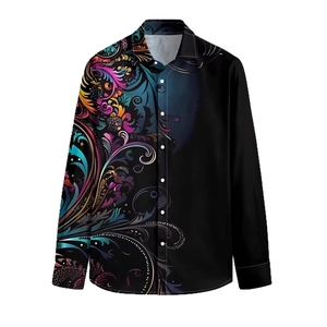 Men's stylish black long sleeve shirt with vibrant abstract scroll floral art print