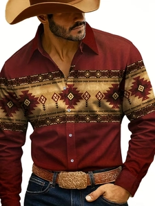 Detail of Aztec geometric pattern print on brick red men's Western long sleeve shirt