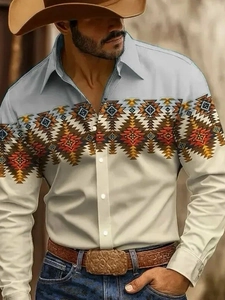 Detailed view of Aztec geometric patterns on men's western style long sleeve shirt