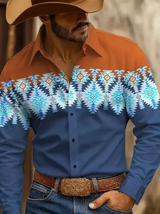 Detailed view of men's western style shirt with geometric ethnic patterns and denim accents