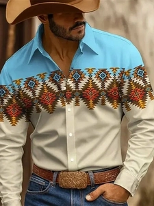 Close-up of ethnic geometric pattern and color-block stitching on men's long sleeve shirt