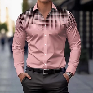 Men's pink button-down long sleeve shirt with black gradient polka dot print in street style