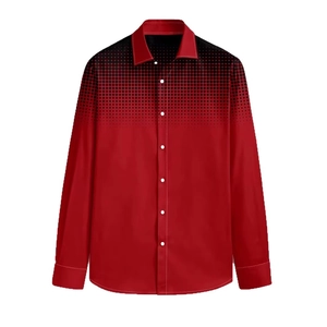 Men's red long sleeve shirt featuring a black polka dot gradient design and white buttons