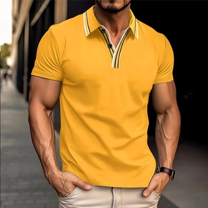 Men's slim fit ginger yellow polo shirt with black and white striped contrast collar