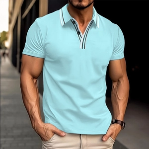Men's slim fit sky blue short sleeve golf polo shirt with striped collar and v-neck