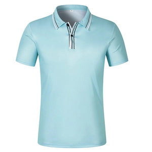 Men's light blue short sleeve polo shirt with contrast striped collar and golf style