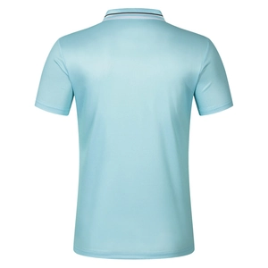Rear view of light blue men's short sleeve polo shirt with striped collar detail