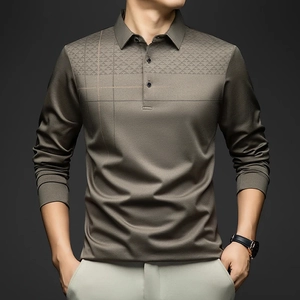 Business casual men's long sleeve polo shirt with geometric print in dark olive green