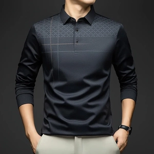 Men's business casual long-sleeve polo shirt with dark gradient and geometric patterns