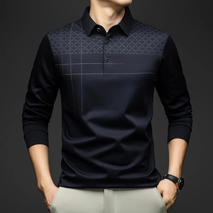 Men's navy long sleeve business polo shirt with grey geometric pattern and luxury logo
