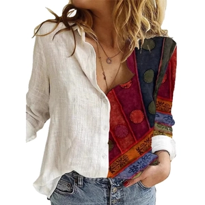 Women's casual long sleeve button-up shirt with bohemian patchwork and polka dots