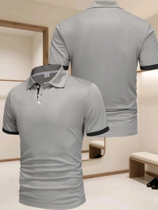 Vue avant et arrière du polo pour hommes avec liserés contrastés et tissu en maille