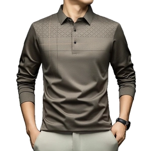 Men's taupe long sleeve polo shirt with geometric print for business casual style
