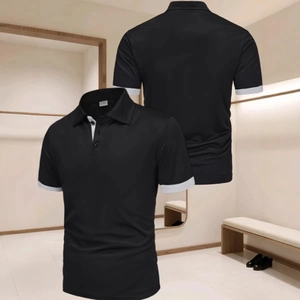 Polo noir pour homme avec poignets contrastés blancs et col montant classique élégant