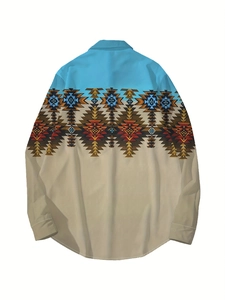 Rear view of men's long sleeve shirt with blue and khaki patchwork and geometric print