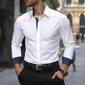 Men's white slim fit long sleeve business casual shirt with contrast floral inner collar