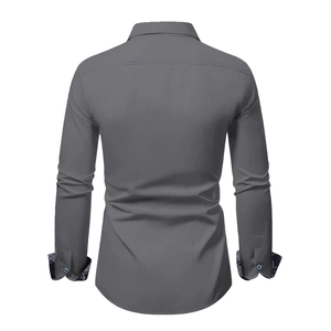 Classic grey long sleeve men's business casual shirt with paisley print cuff lining