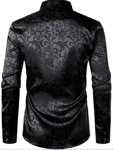 Macro detail of the black baroque floral jacquard texture on this slim fit long sleeve shirt