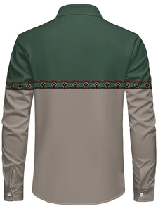 Rear view of long sleeve shirt with dark green and taupe contrast panels and ethnic pattern