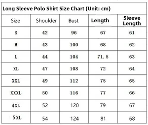 Detailed size chart for long sleeve polo shirts showing measurements in cm from S to 5XL