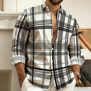 Detailed view of men's slim-fit long-sleeve shirt with grey and white plaid pattern texture