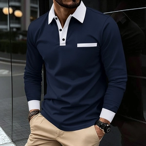 Polo Décontracté à Manches Longues pour Hommes Bloc de Couleur Contraste Revers Rayé Top Business pour Hommes Vêtements Automne Hiver