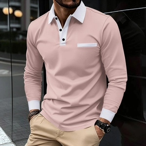 Polo homme à manches longues rose avec col et poignets contrastés en blanc