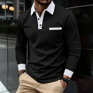 Polo à manches longues pour hommes coupe ajustée en noir et blanc contrasté