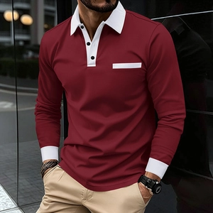 Polo manches longues homme bordeaux avec col et poignets contrastés blancs élégants